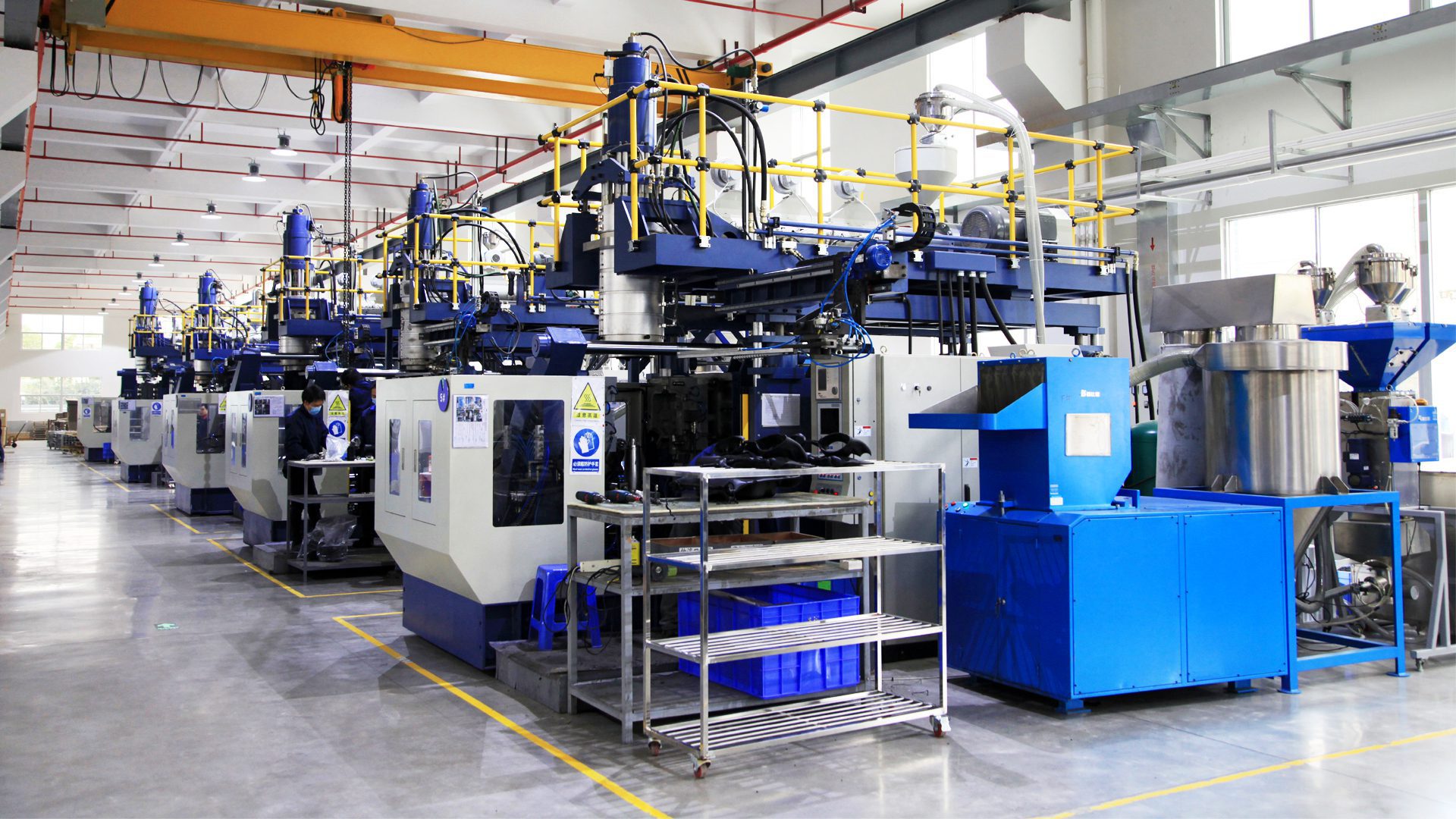 rows of blue and white blow molding machines