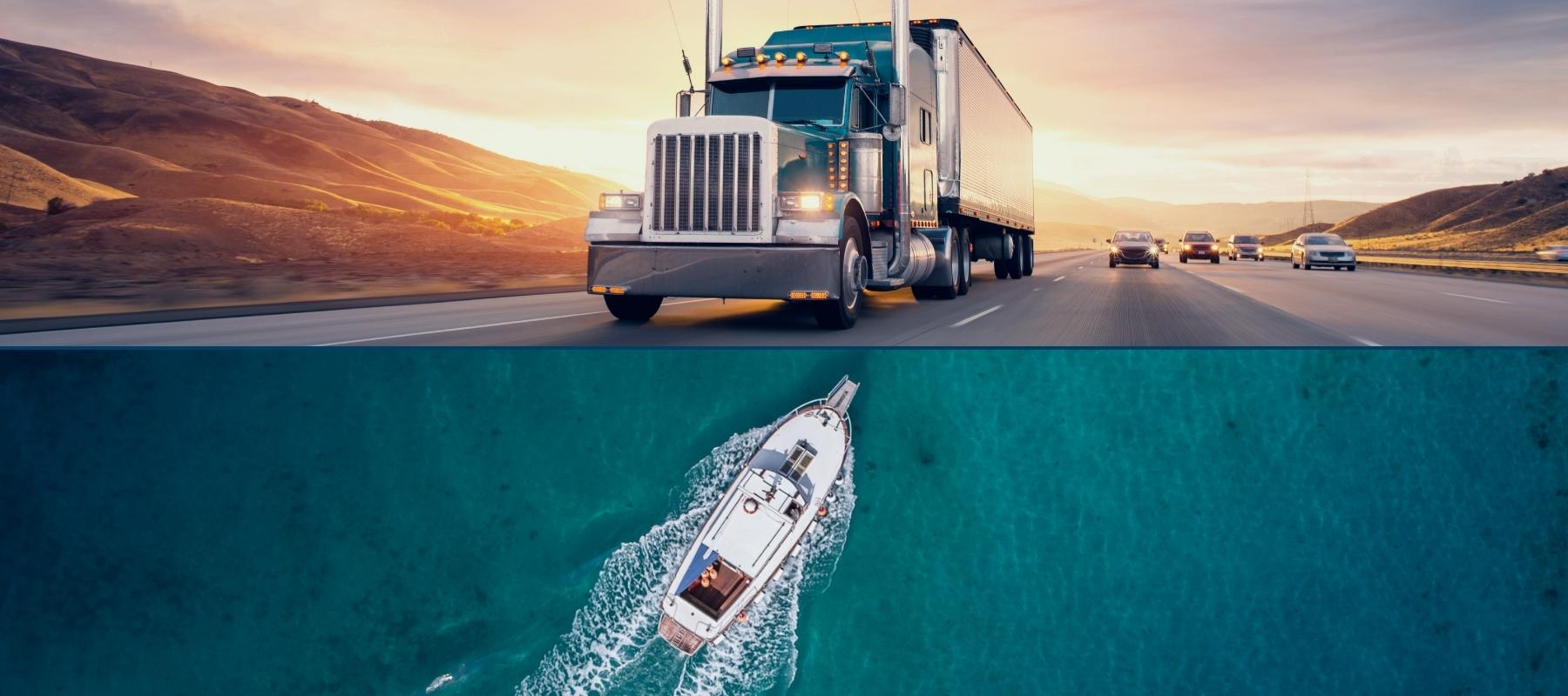 picture of a truck on a highway and a birds-eye view of a boat
